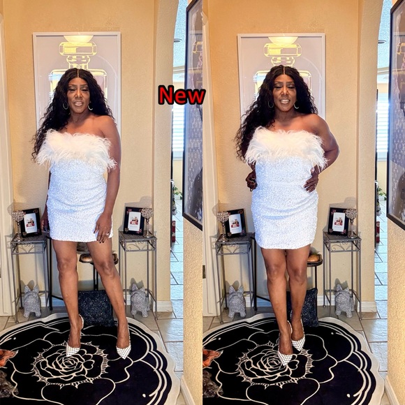 White Strapless Dress with Furry Trim - Picture 10 of 13